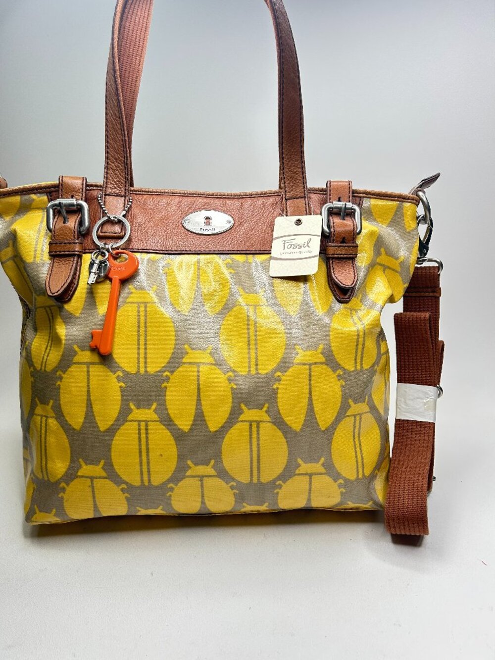 FOSSIL Key-Per Yellow Ladybug Print Coated Canvas & Leather Crossbody Tote NWD